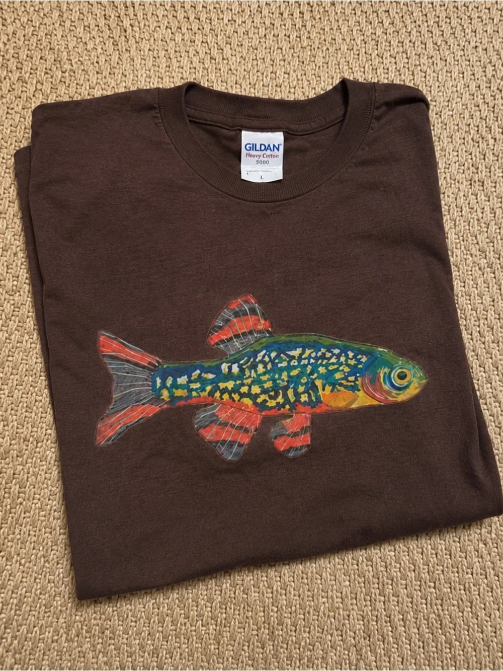 Gildan Brown Tee with Colorful Fish Illustration